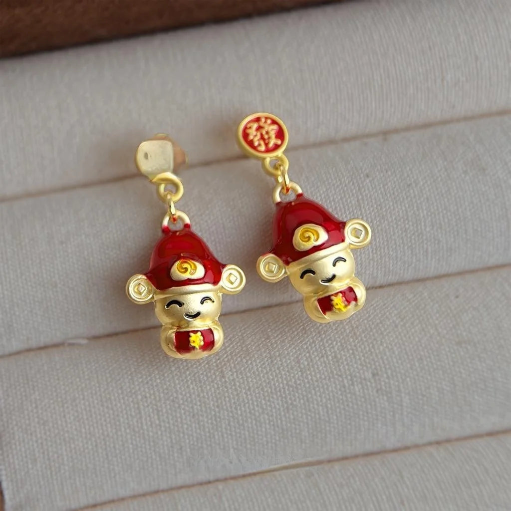 Chinese New Year Enamel Painted Eco Copper Wealth God Drop Earrings Festive Cartoon Jewelry