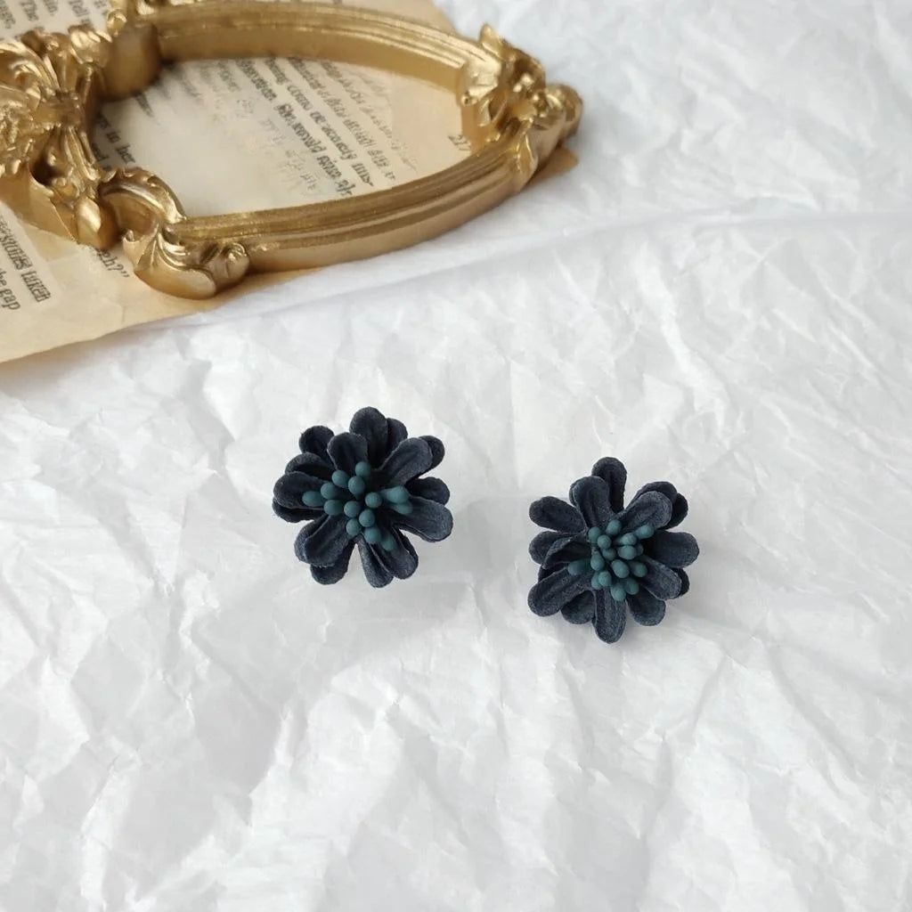Vintage Haze Blue Fabric Rose Flower Drop Earrings Handmade 3D Floral Statement Jewelry