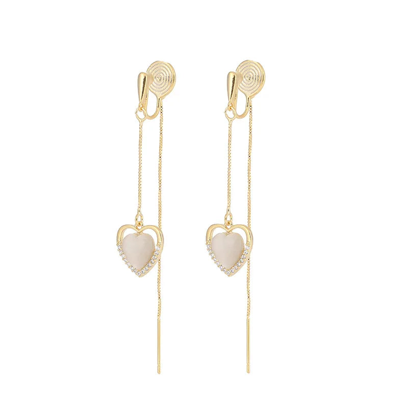 Elegant Heart Cat Eye Stone Tassel Threader Alloy Rhinestone Stud & Clip On No Piercing Earrings