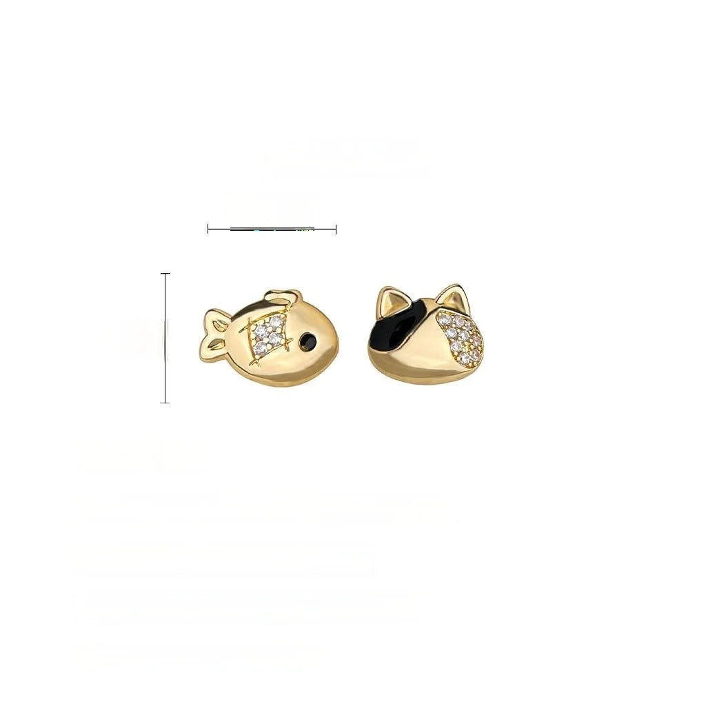 Asymmetric Micro Pave Zircon 14K Plated Goldfish Cat Stud Earrings