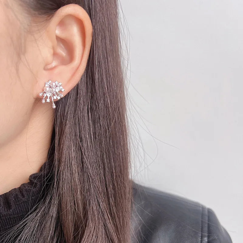 Elegant Firework Starburst Pearl Zircon Alloy Stud & Clip On No Piercing Bridal Party Earrings