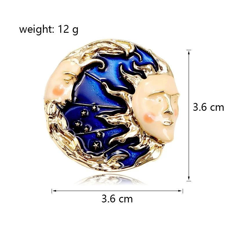 Elegant Enamel Sun And Moon Goddess Brooch, Gold Tone Alloy Celestial Face Lapel Pin Suit Accessory
