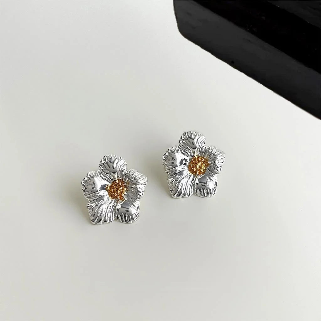 Two Tone Plated Eco Copper Textured Gardenia Flower Stud Earrings Sweet Cool Commuter Jewelry