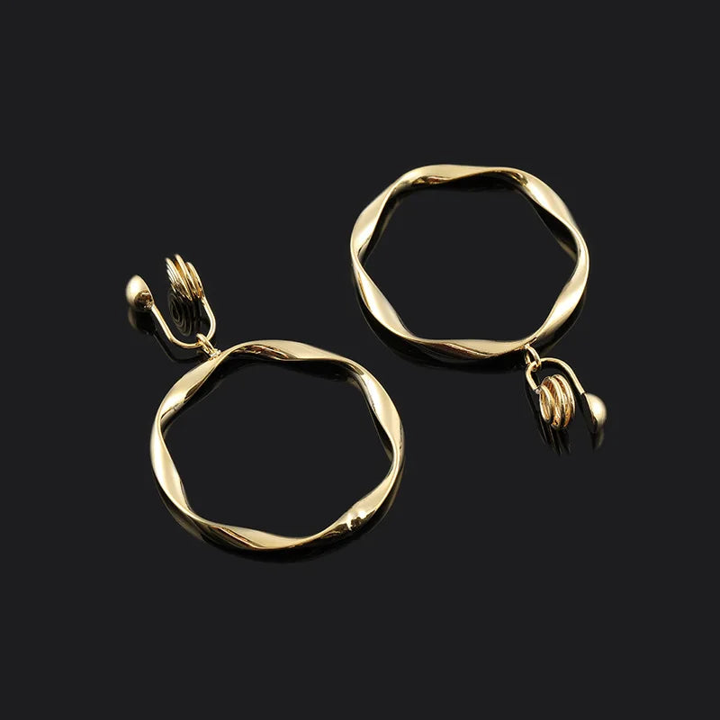 Elegant Gold Alloy Twisted Large Hoop Drop Stud & Clip On No Piercing Statement Circle Earrings