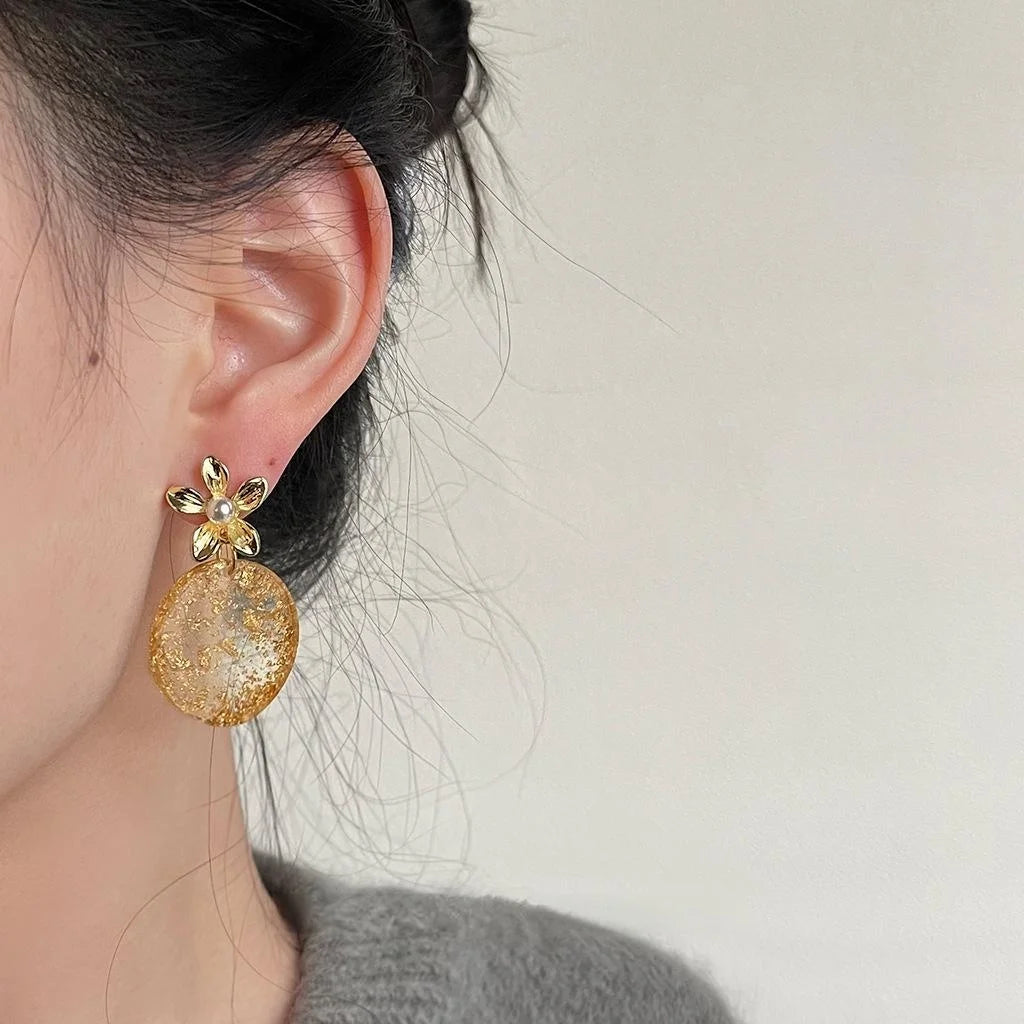 Original Design Copper Gold Foil 3D Peach Blossom Pearl Drop Earrings For Women
