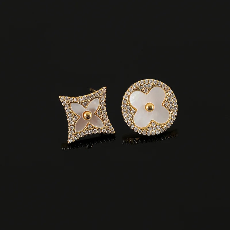 Luxury Asymmetric Mother Of Pearl Clover Round Diamond Shape Rhinestone Stud & Clip On No Piercing Earrings