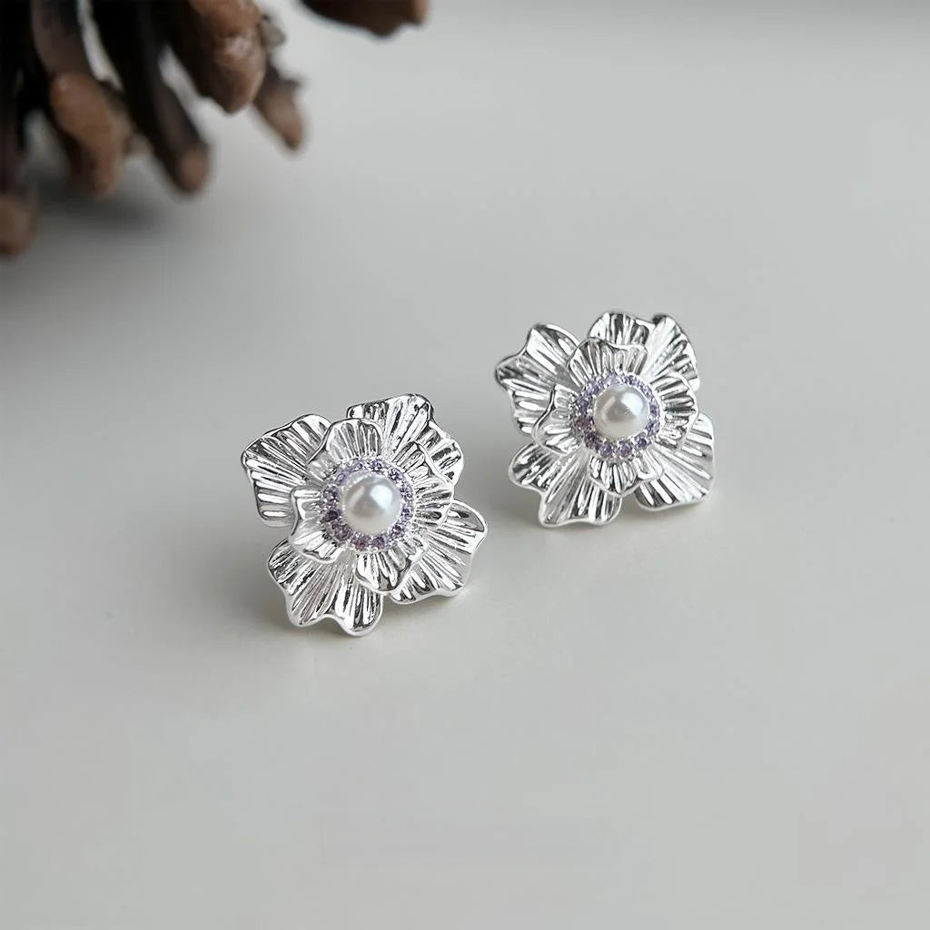 Silver Plated Copper Micro Pave Zircon 3D Flower Stud Earrings For Women New Chinese Style