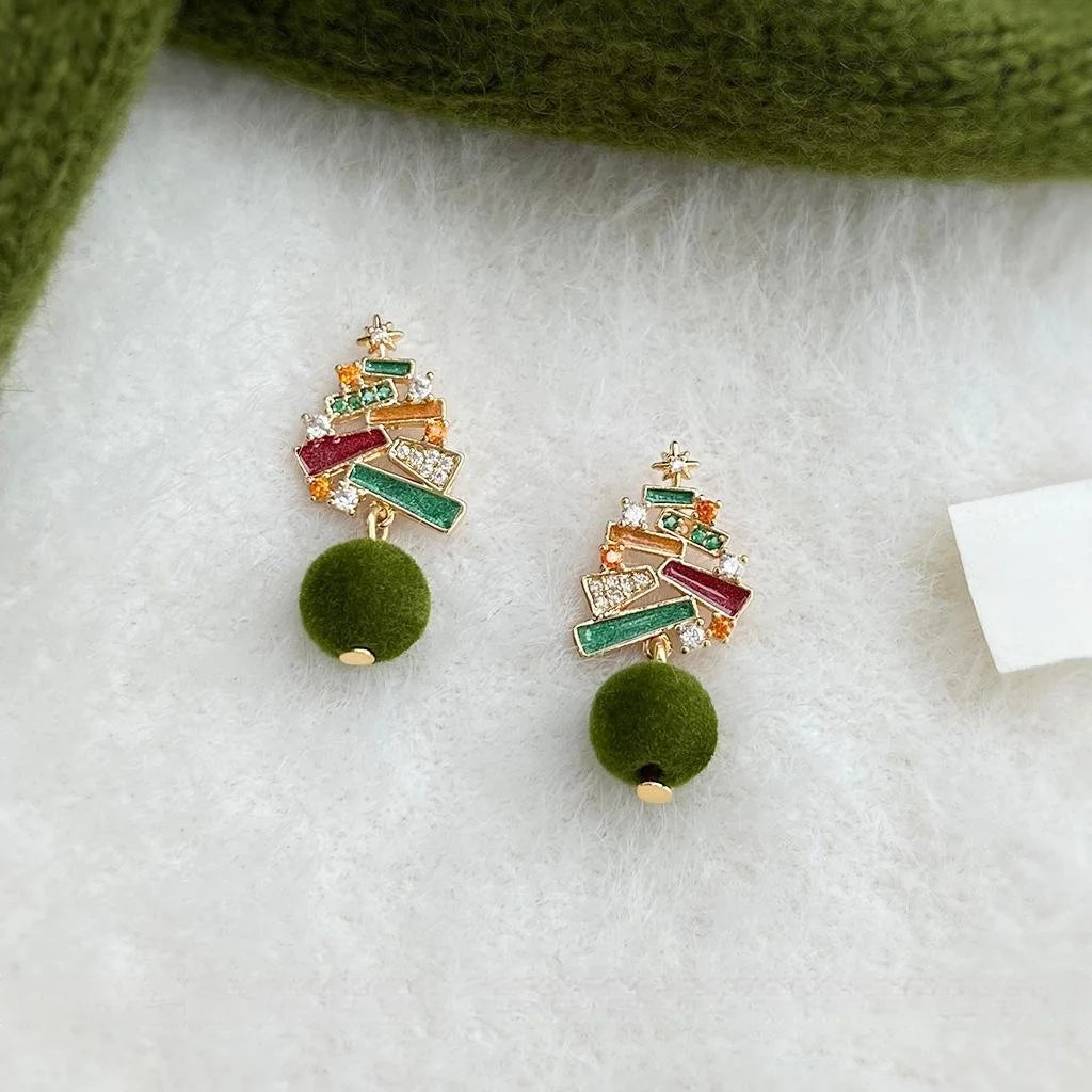 Christmas Tree Drop Earrings Micro Pave Zircon Hand Painted Enamel Flocked Pom Pom