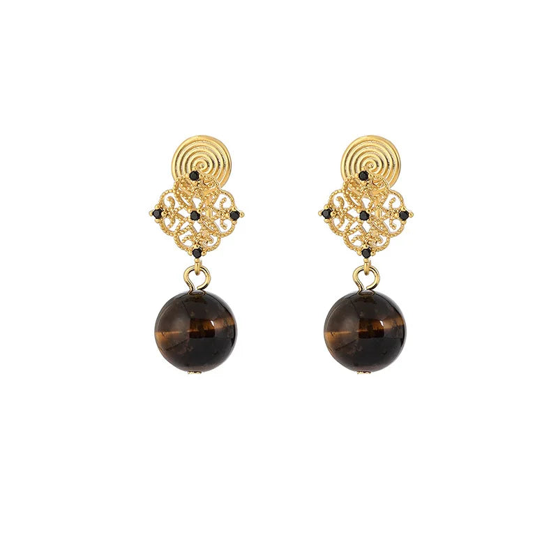 Vintage Luxury Gold Alloy Filigree Disc With Black Rhinestone Tiger Eye Bead Drop Stud & Clip On No Piercing Earrings