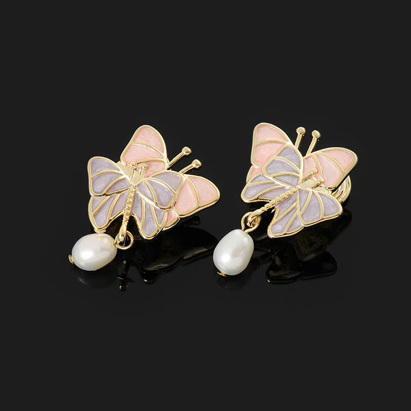 Elegant Pink Purple Enamel Butterfly Freshwater Pearl Stud & Clip On No Piercing Alloy Earrings