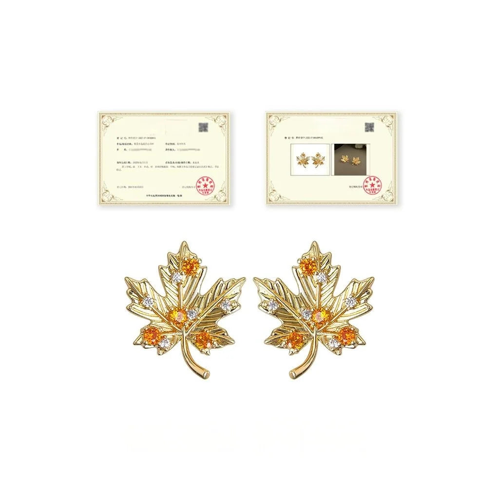 Designer Maple Leaf Micro Pave Zircon Copper Stud Earrings, Elegant Fall Style