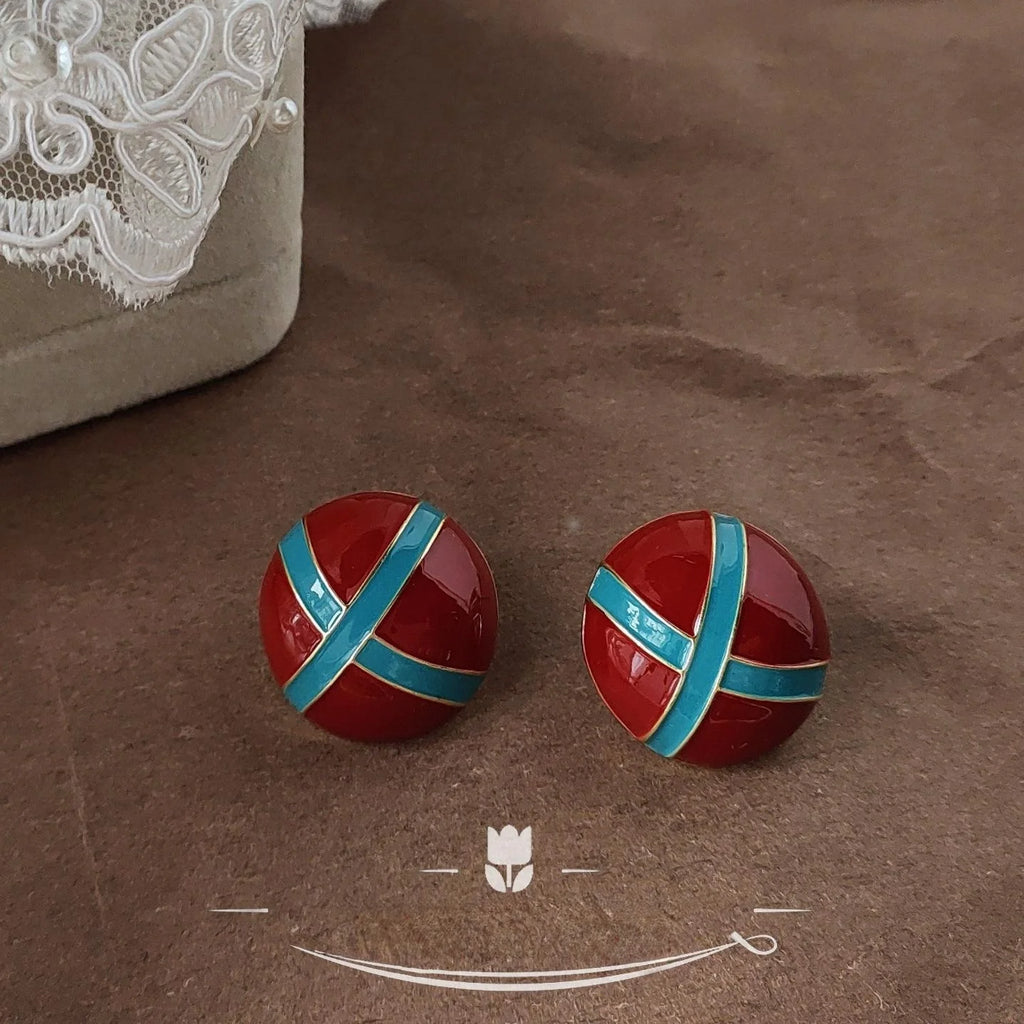 French Burgundy Enamel 14K Plated Copper Round Geometric Stud Earrings Vintage Hong Kong Style