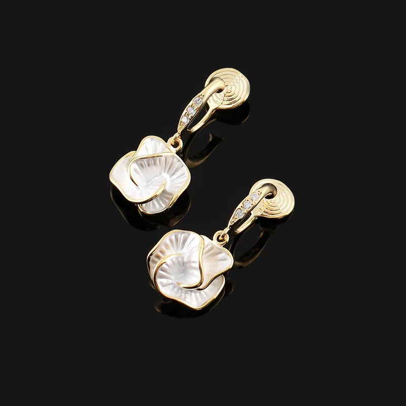 Elegant Camellia Flower Shell Enamel Alloy Rhinestone Drop Stud & Clip On No Piercing Earrings