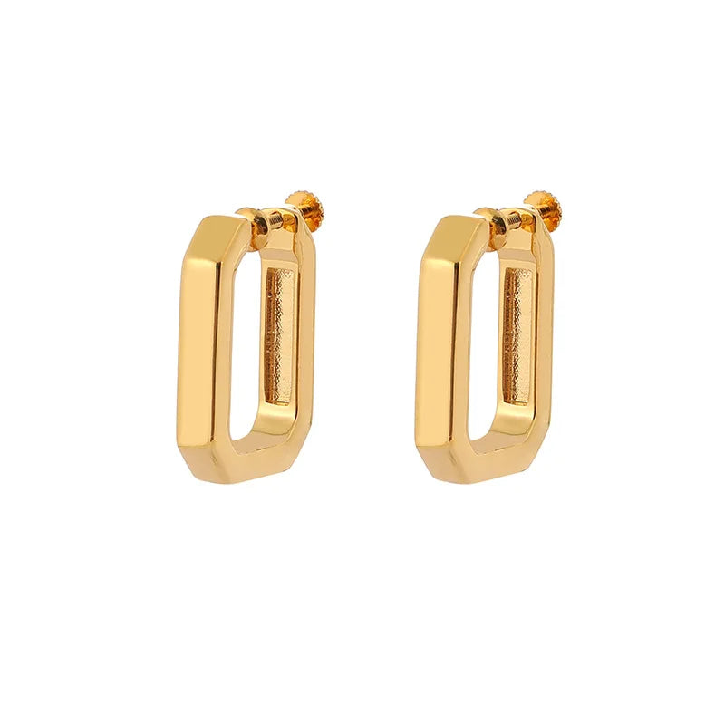 Elegant Geometric Square Gold Alloy Hoop Stud & Clip On No Piercing Screw Back Women's Earrings