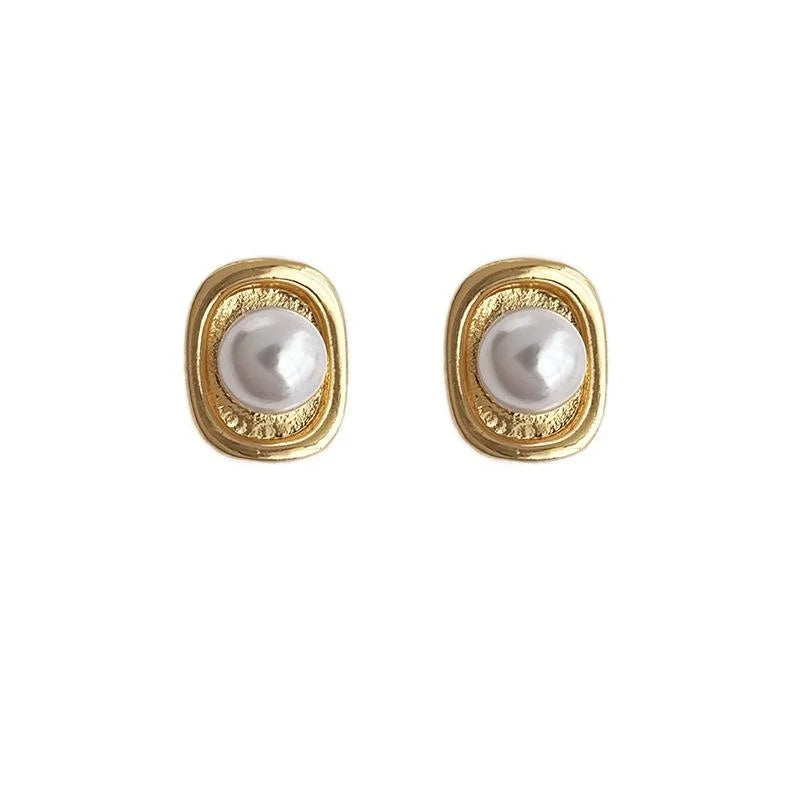 Mini 14K Gold Plated Copper Pearl Geometric Ingot Stud Earrings For Women Simple Commuter Jewelry