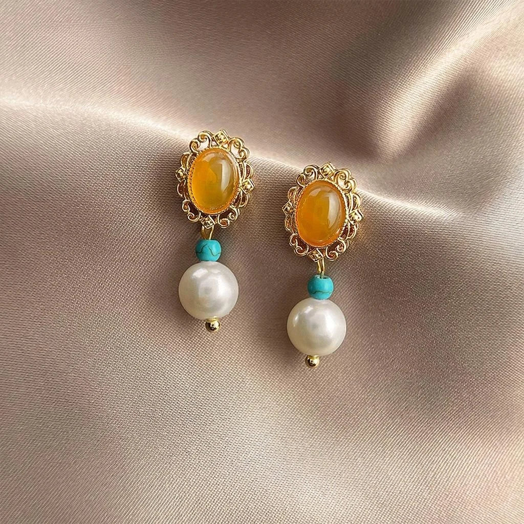 French Vintage 14K Gold Plated Copper Pearl Oval Floral Drop Earrings