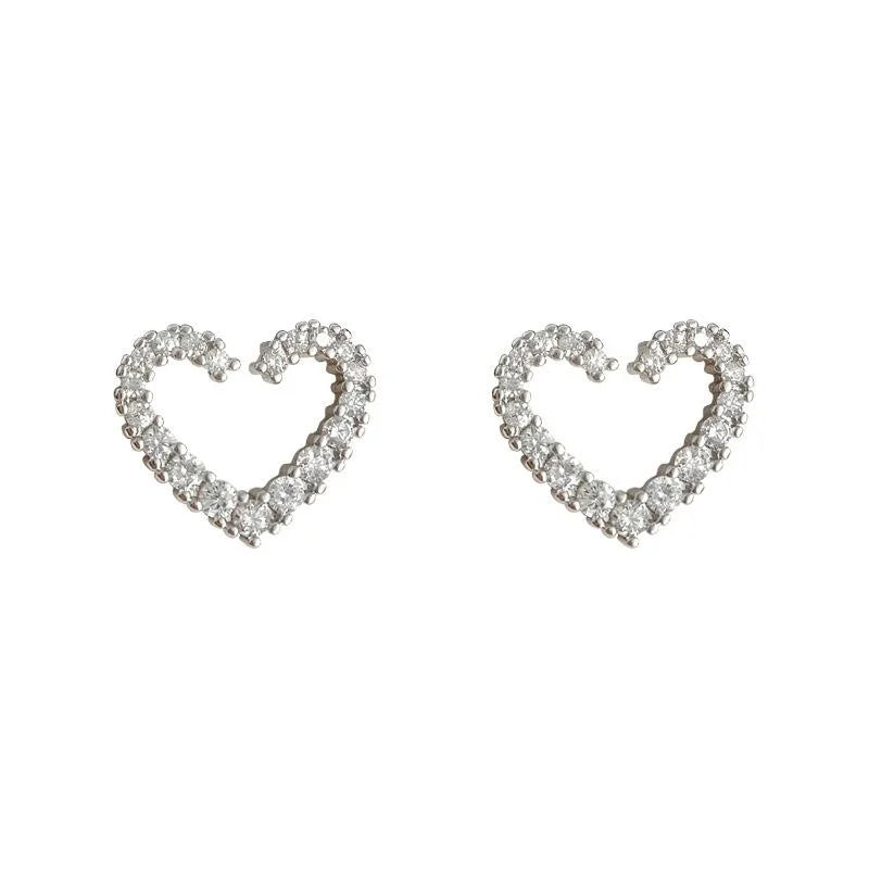 Elegant Copper Micro Pave Zircon Hollow Heart Stud Earrings Minimalist Line Design
