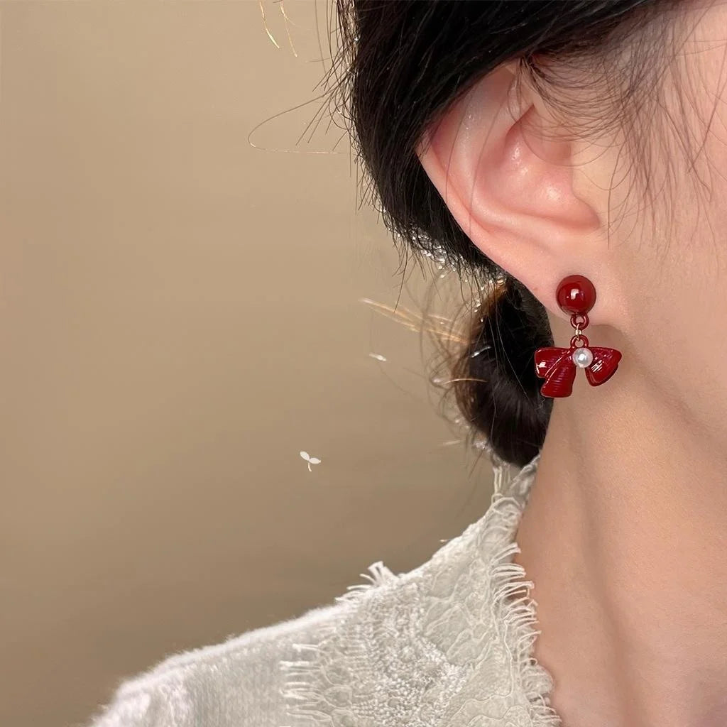 Burgundy Enamel Metal Bow Drop Earrings Retro Hong Kong Style Autumn Winter Jewelry