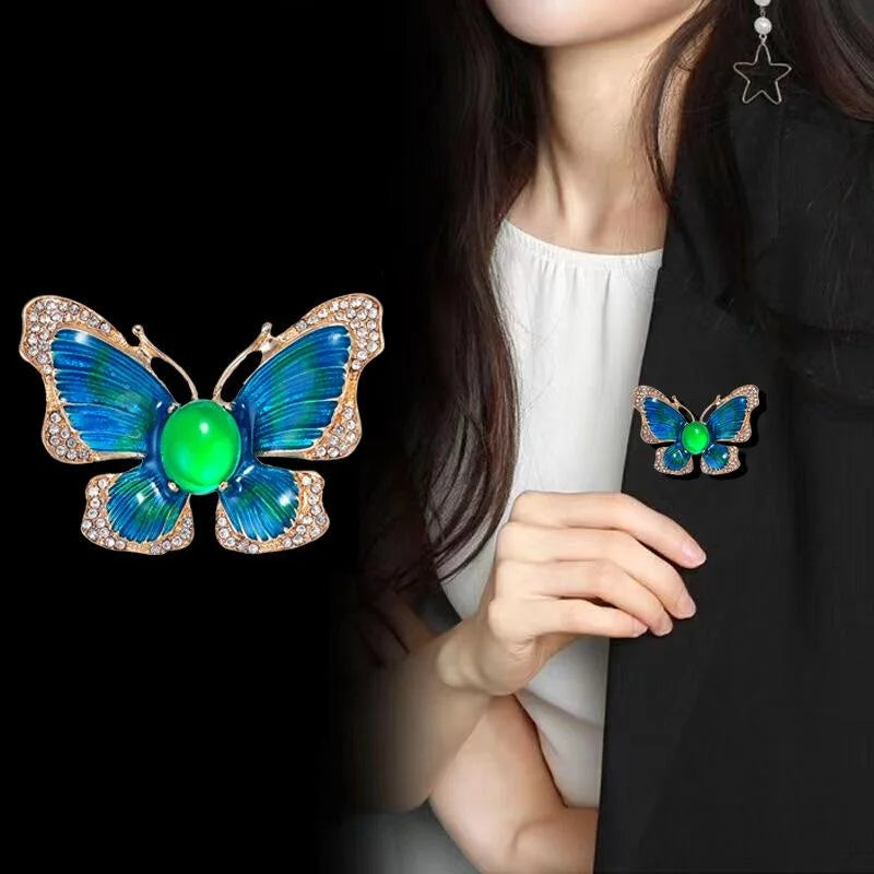 Elegant Hand Painted Enamel Butterfly Brooch With Rhinestones, Gold Alloy Lapel Pin Corsage Suit Accessory