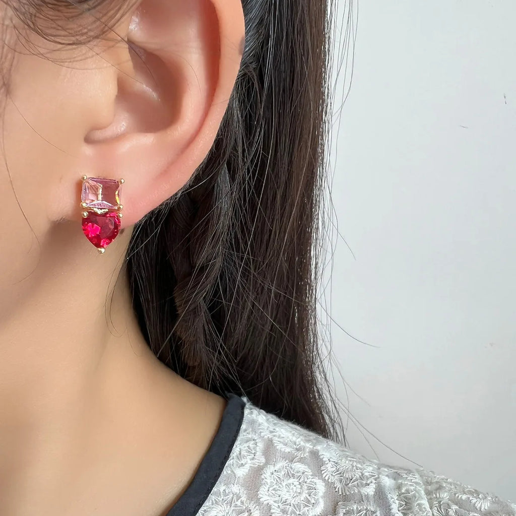 Elegant Gold Tone Alloy Pink Zircon Heart And Square Crystal Stud & Clip On No Piercing Earrings