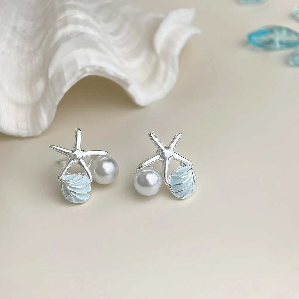 Fresh Sweet Ocean Style Copper Stud Earrings With Pearl Shell Starfish Silver Plated Posts