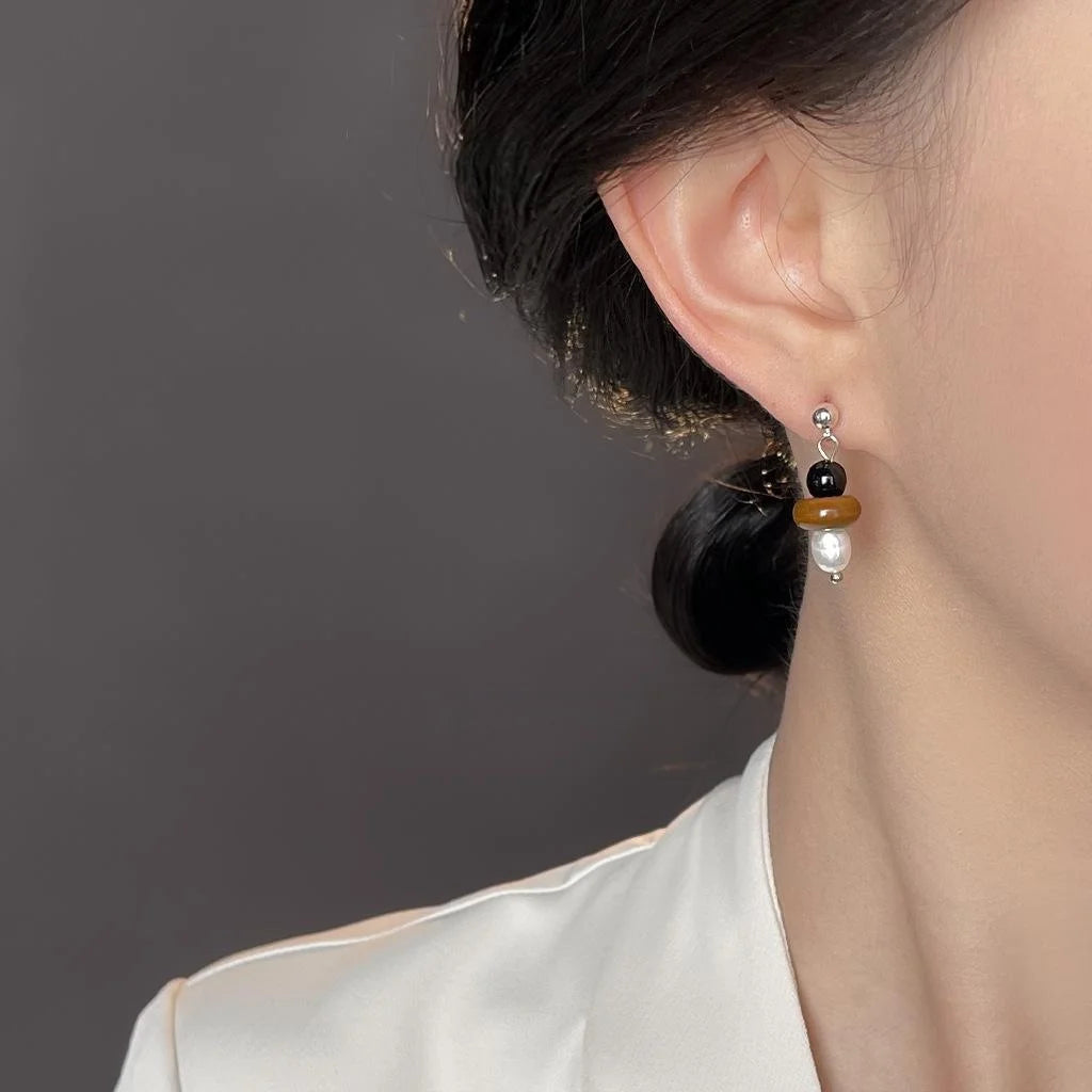 Handmade Vintage Hong Kong Style Freshwater Pearl Tiger Eye Natural Stone Round Oval Hoop Drop Earrings
