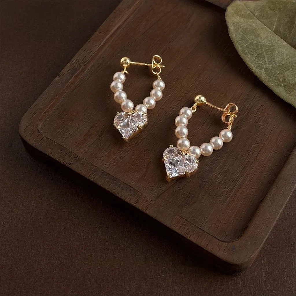 French Vintage 14K Plated Glass Pearl Zircon Heart Geometric Drop Earrings for Women