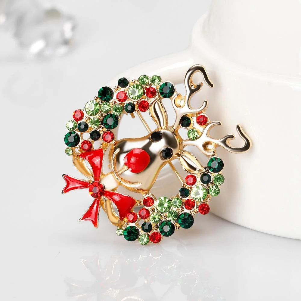 Cute Christmas Reindeer Wreath Alloy Enamel Rhinestone Brooch Luxury Lapel Pin Corsage Gift For Women