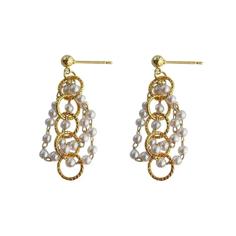 French Vintage Handmade Beaded Tassel Chain Drop Earrings With Copper
