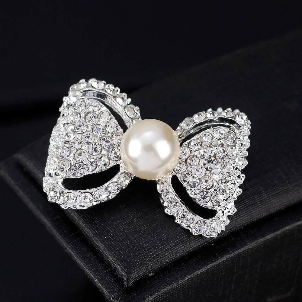 Elegant Gold Bow Brooch With Rhinestones And Faux Pearl Center, Luxury Lapel Pin Suit Accessory Gift