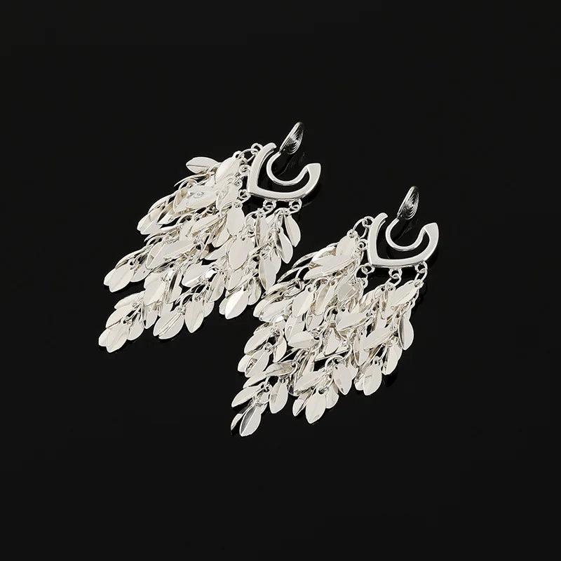 Elegant Shiny Silver Alloy Leaf Sequin Long Tassel Statement Stud & Clip On No Piercing Earrings