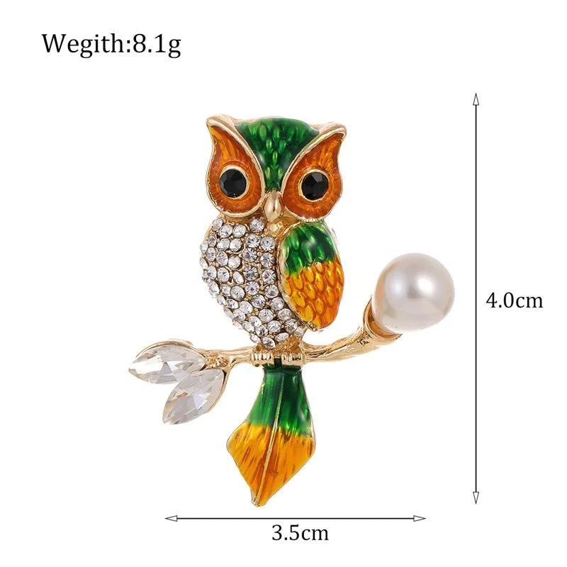 Cute Enamel Owl Brooch With Rhinestone And Faux Pearl, Alloy Lapel Pin Corsage For Suit Sweater Gift
