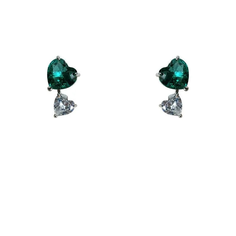 Vintage Green Zircon Heart Stud Earrings, Silver Plated Romantic Fashion Jewelry