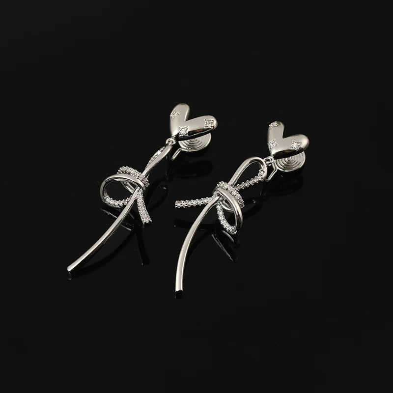 Elegant Luxury Rhinestone Heart Bow Long Drop Stud & Clip On No Piercing Alloy Statement Earrings