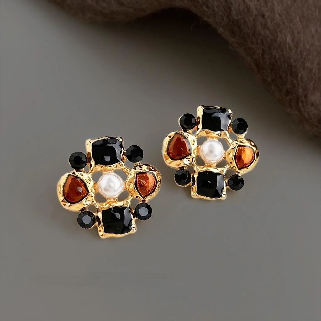Vintage Maillard Copper Alloy Enamel Glazed Geometric Floral Drop Earrings for Women