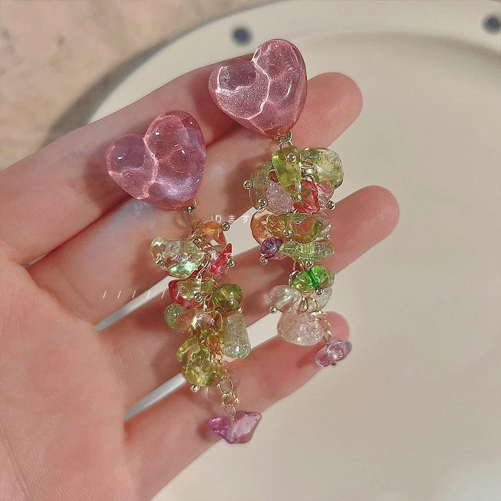 High Quality Heart Tassel Crushed Stone Clip On Drop Earrings For Women Vacation Style