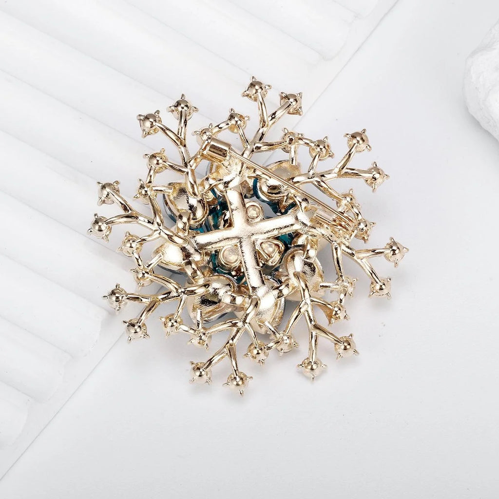 Luxury Blue Crystal Flower Rhinestone Brooch, Gold Alloy Floral Lapel Pin Corsage Suit Accessory Gift