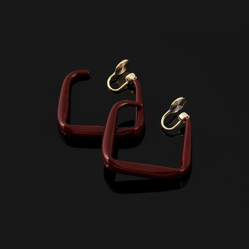 Vintage Burgundy Enamel Alloy Diamond Hoop Stud & Clip On No Piercing Geometric Statement Earrings