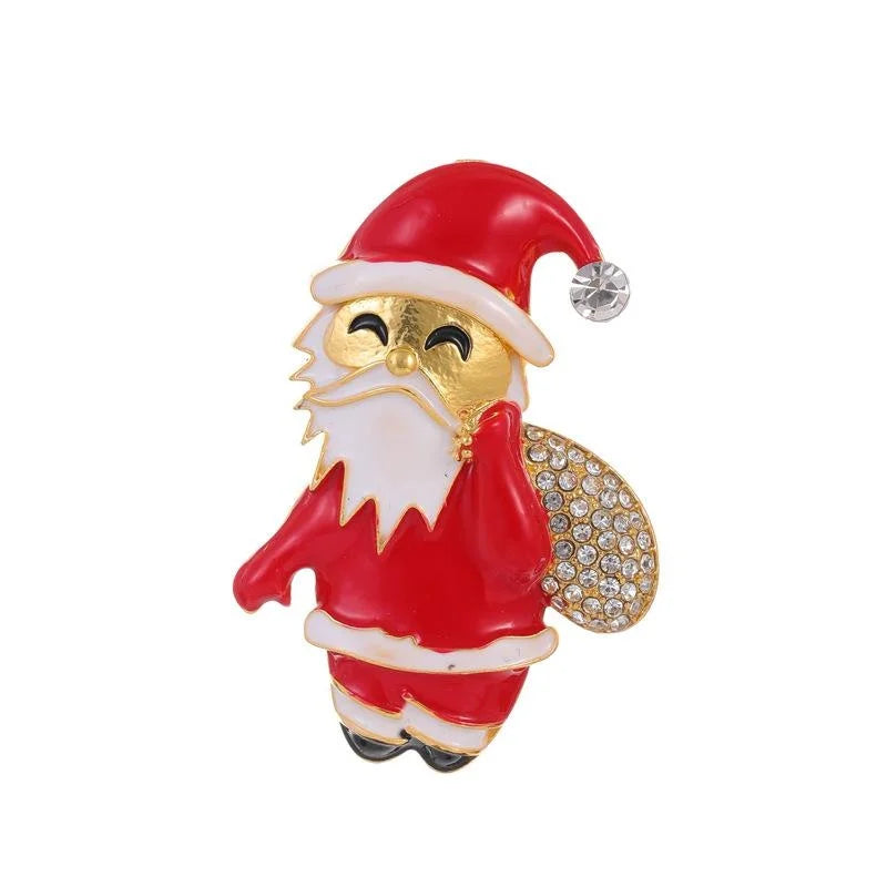 Cute Enamel Santa Claus With Rhinestone Gift Sack Brooch, Christmas Lapel Pin Corsage Suit Accessory