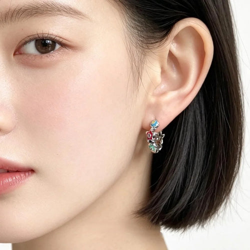 Vintage Hong Kong Style Colorful Enamel Copper Eye Flower Geometric Drop Earrings