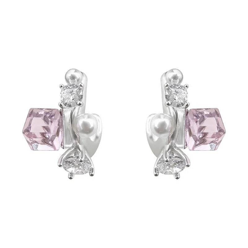 Pink Glass Crystal Sugar Cube Geometric Stud Earrings Copper Sweet Cool Style
