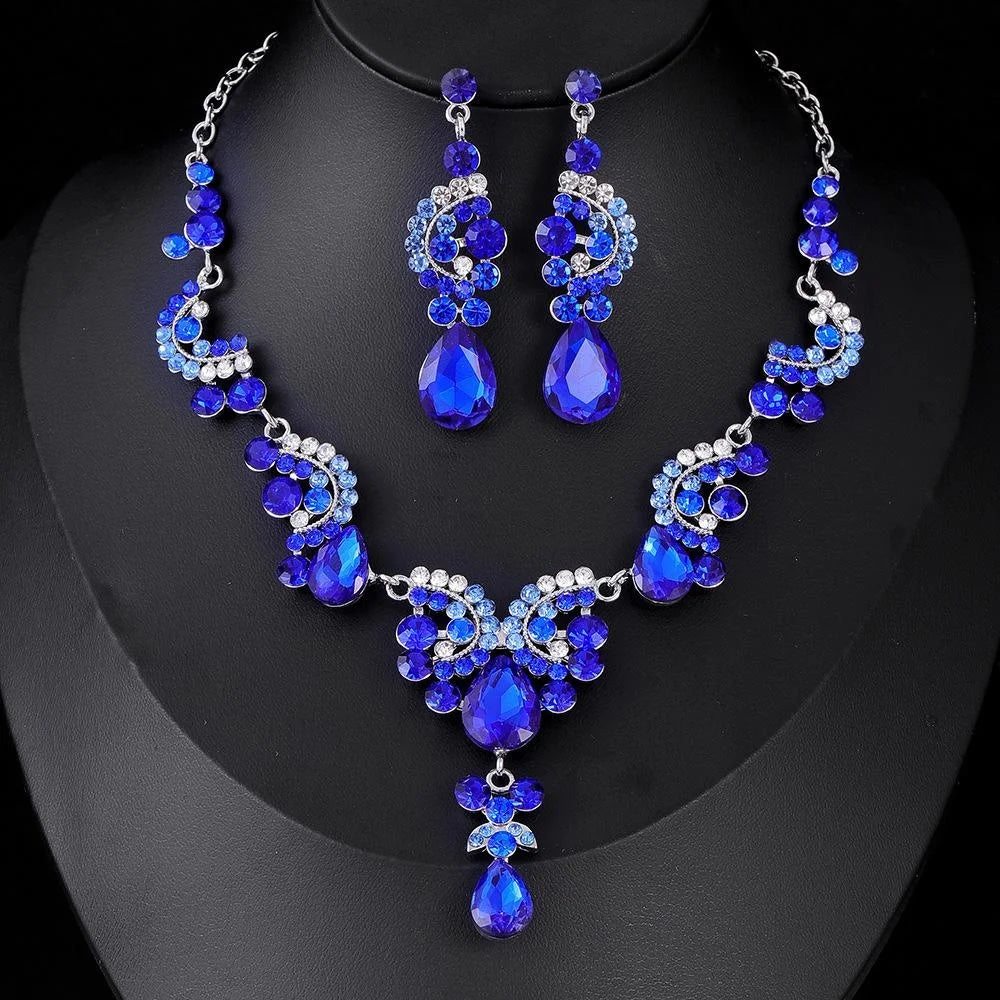 Luxury Blue Crystal Rhinestone Teardrop Necklace And Earrings Jewelry Set For Bridal Wedding Party Gift