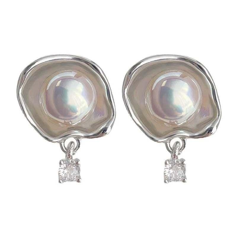 Irregular Geometric Synthetic Mabe Pearl Ruffle Zircon Stud Earrings Sweet Cool Copper Jewelry
