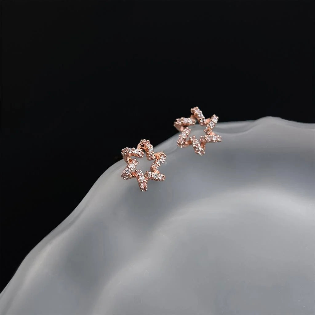 Rose Gold Plated Copper Micro Pave Zircon Star Firework Flower Stud Earrings