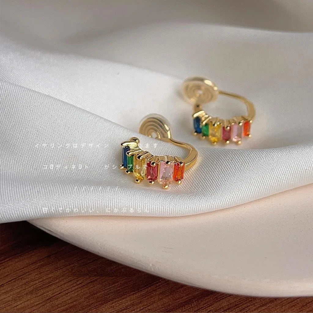 Copper C Shaped Hoop Earrings Non Pierced Clip On Colorful Zircon Korean Minimalist Jewelry