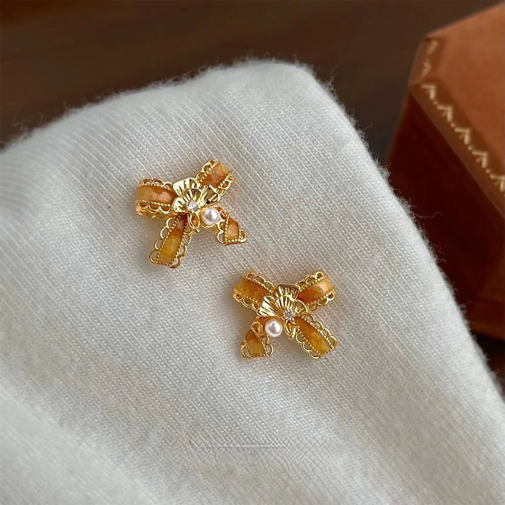 Maillard Style Bow Ginkgo Leaf Stud Earrings, Hand Painted 14K Plated Copper