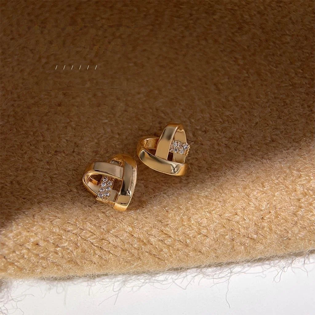 French Vintage Micro Pave Zircon Braided Heart Copper Stud Earrings With Silver Plated Pins