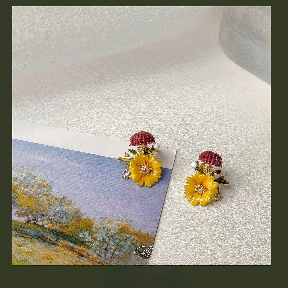 14K Plated Alloy Enamel Painted Flower Stud Earrings Vintage Forest Style Women's Jewelry