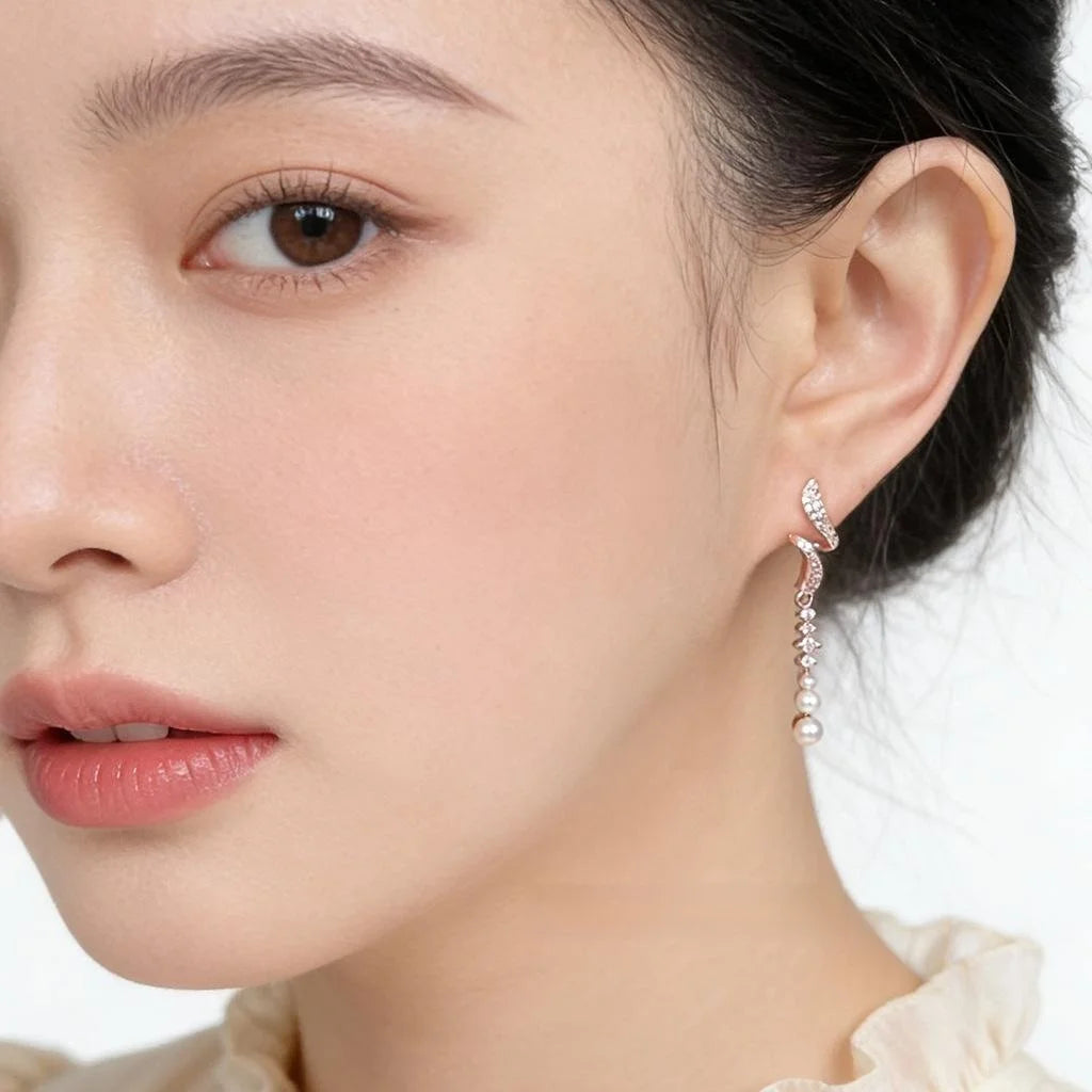 Elegant Long Waterdrop Tassel Drop Earrings With Copper, Lustrous Pearl And Pave Zircon