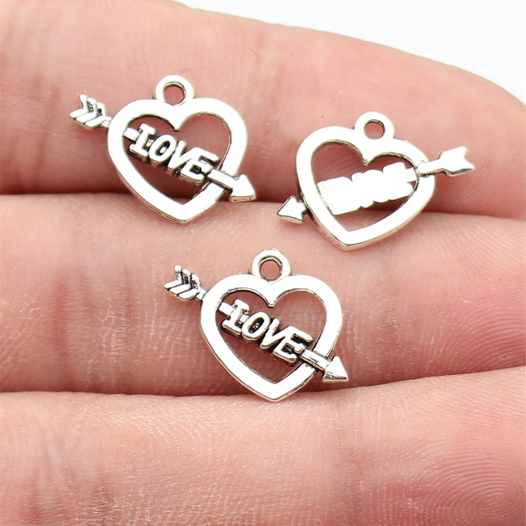 17x14mm 0.73g Antique Silver Zinc Alloy LOVE Arrow Heart Charm Pendant for DIY Bracelet Jewelry Making